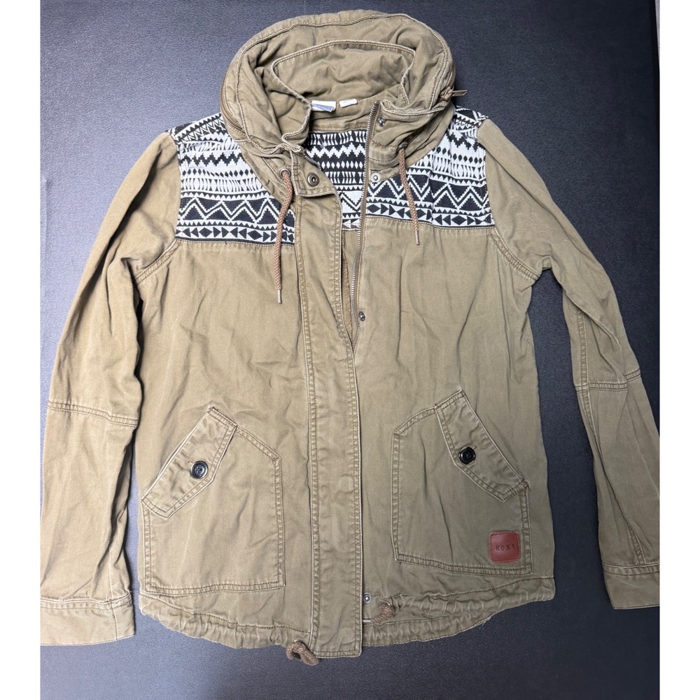 Roxy Womens Olive Green Hooded Utility Jacket Tribal Print Yoke Small Boho Coat